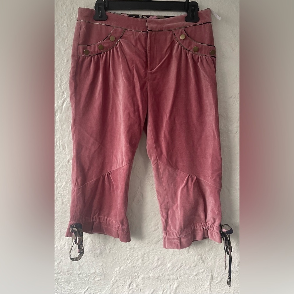 Moiselle dusty rose velvety hot pants, gold sailor buttons, floral ties; size 2